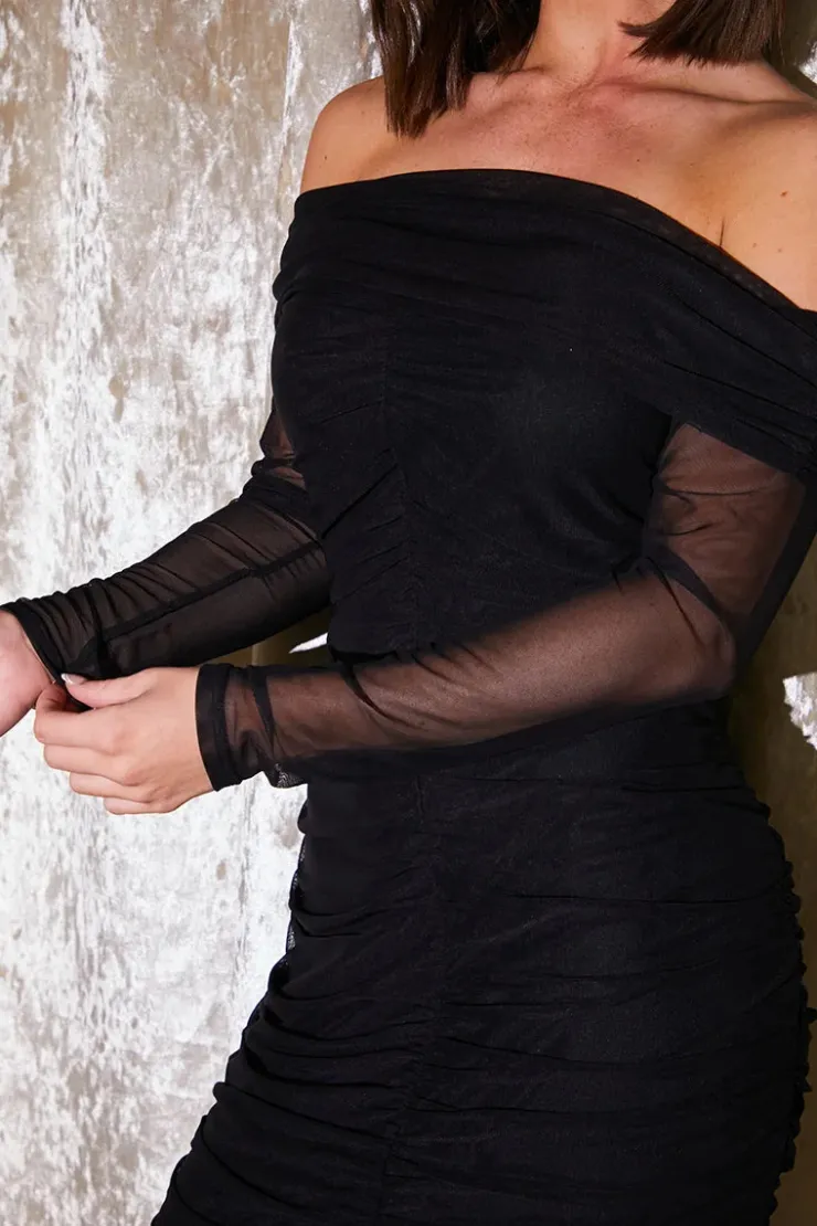 New In the Style Mesh Bardot Ruched Midi Dress Black