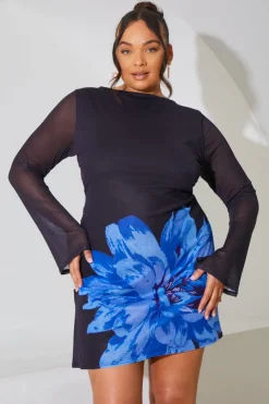 Clearance In the Style Mesh Floral Cowl Back Mini Dress Navy