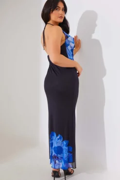 New In the Style Mesh Floral Halterneck Cowl Maxi Dress Navy