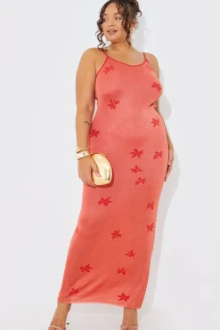 New In the Style Metallic Floral Detail Knit Maxi Dress Orange