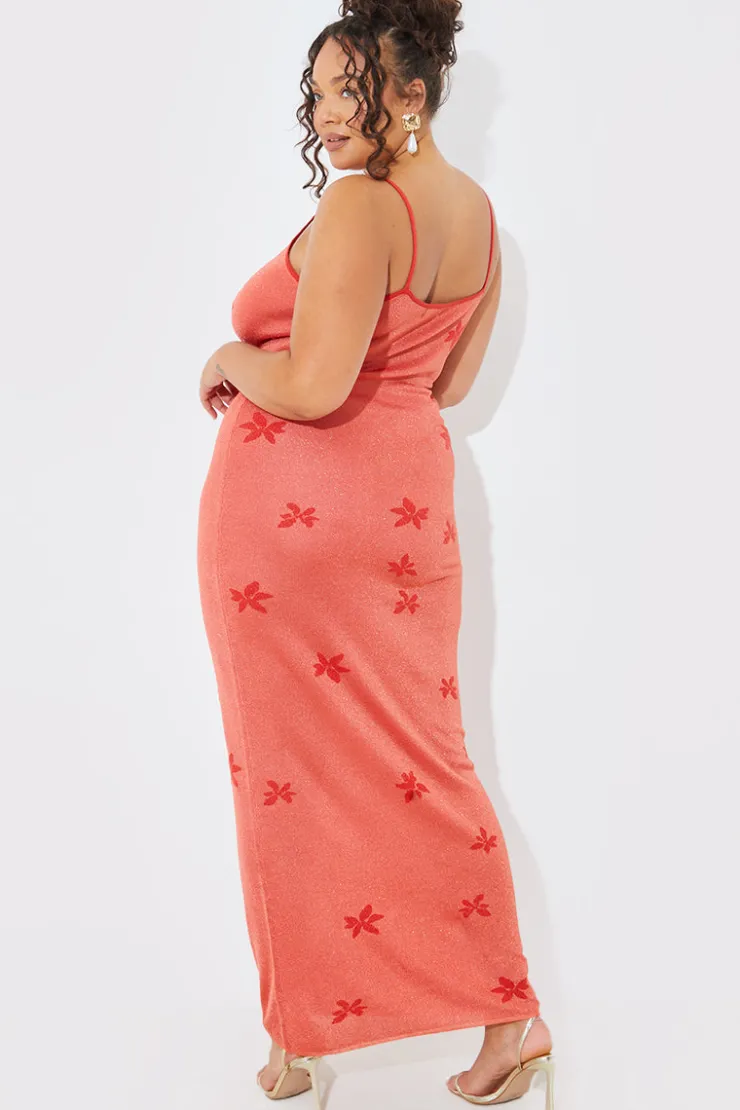 New In the Style Metallic Floral Detail Knit Maxi Dress Orange
