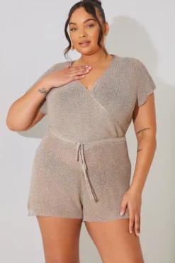 Outlet In the Style Metallic Knit Drawstring Playsuit Mocha