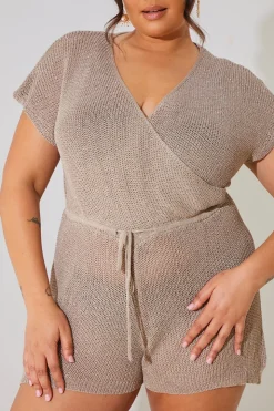 Outlet In the Style Metallic Knit Drawstring Playsuit Mocha