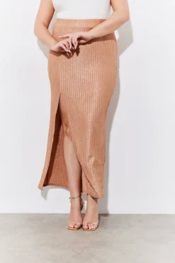 New In the Style Metallic Rib Split Midaxi Co-Ord Skirt Rose