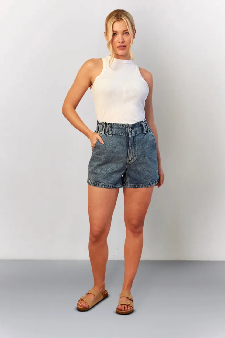 Online In The Style Denim Paper Bag Shorts Mid blue