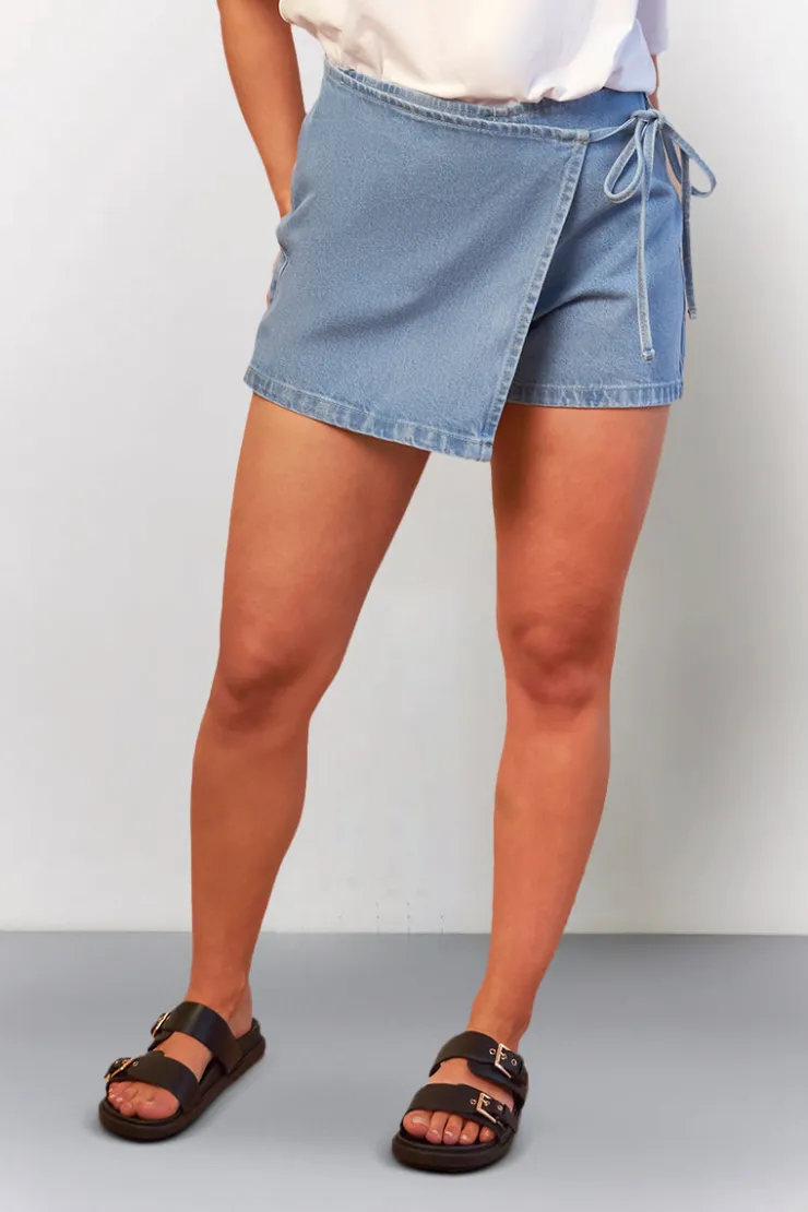 Discount In The Style Tie Side Denim Skort Mid blue