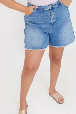 Best In The Style Mid Wash Ripped Denim Shorts Blue