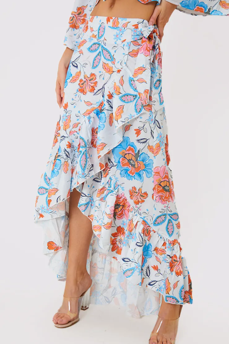New In the Style Floral Frill Detail Wrap Maxi Skirt Multi