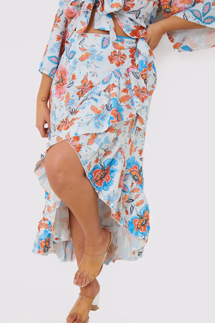 New In the Style Floral Frill Detail Wrap Maxi Skirt Multi