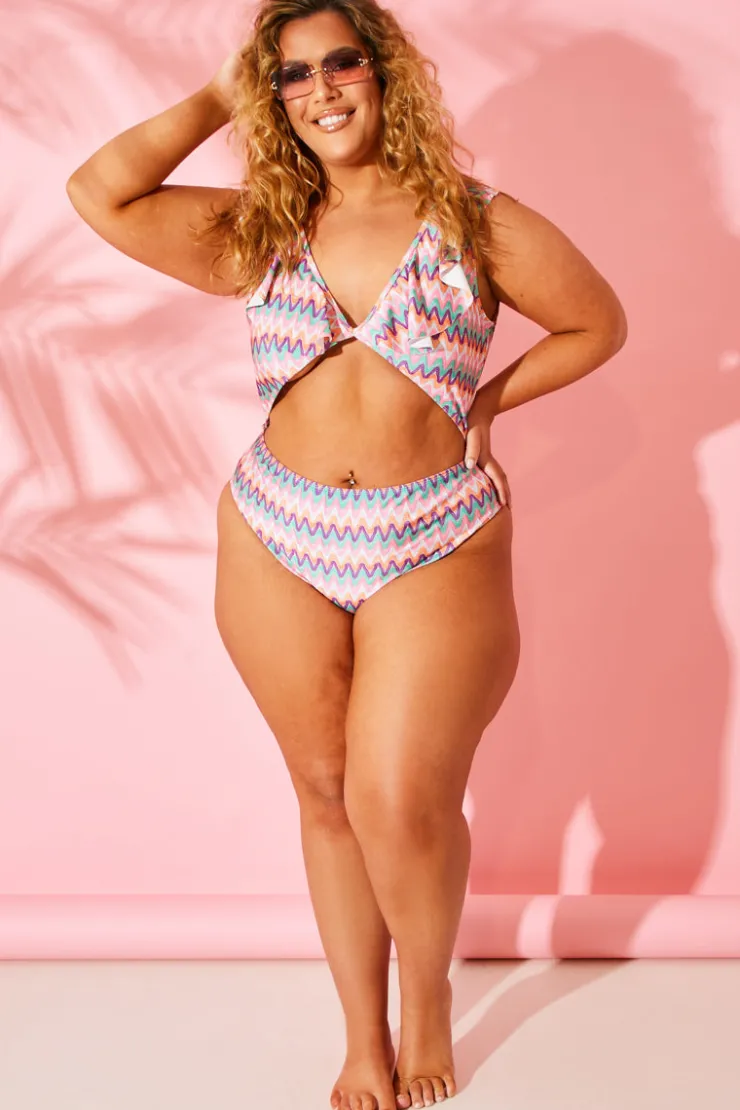 Hot Billie Faiers Zig Zag Ruffle Swimsuit Multi