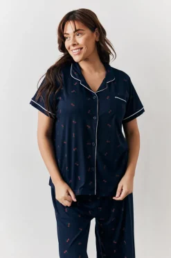 New In the Style Cherry Print Shirt and Trouser PJ Set Navy