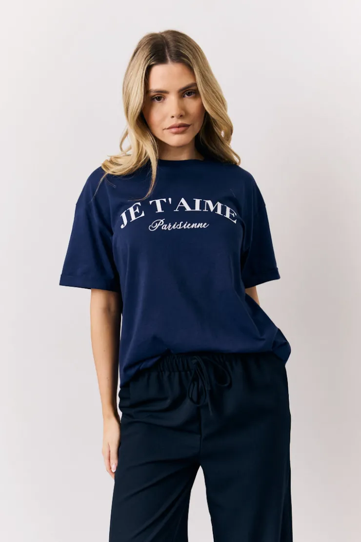 Hot In The Style Graphic Slogan T-Shirt Navy