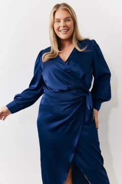Clearance In The Style Satin Wrap Midi Dress Navy