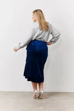 In the Style Velvet Wrap Midi Skirt Navy