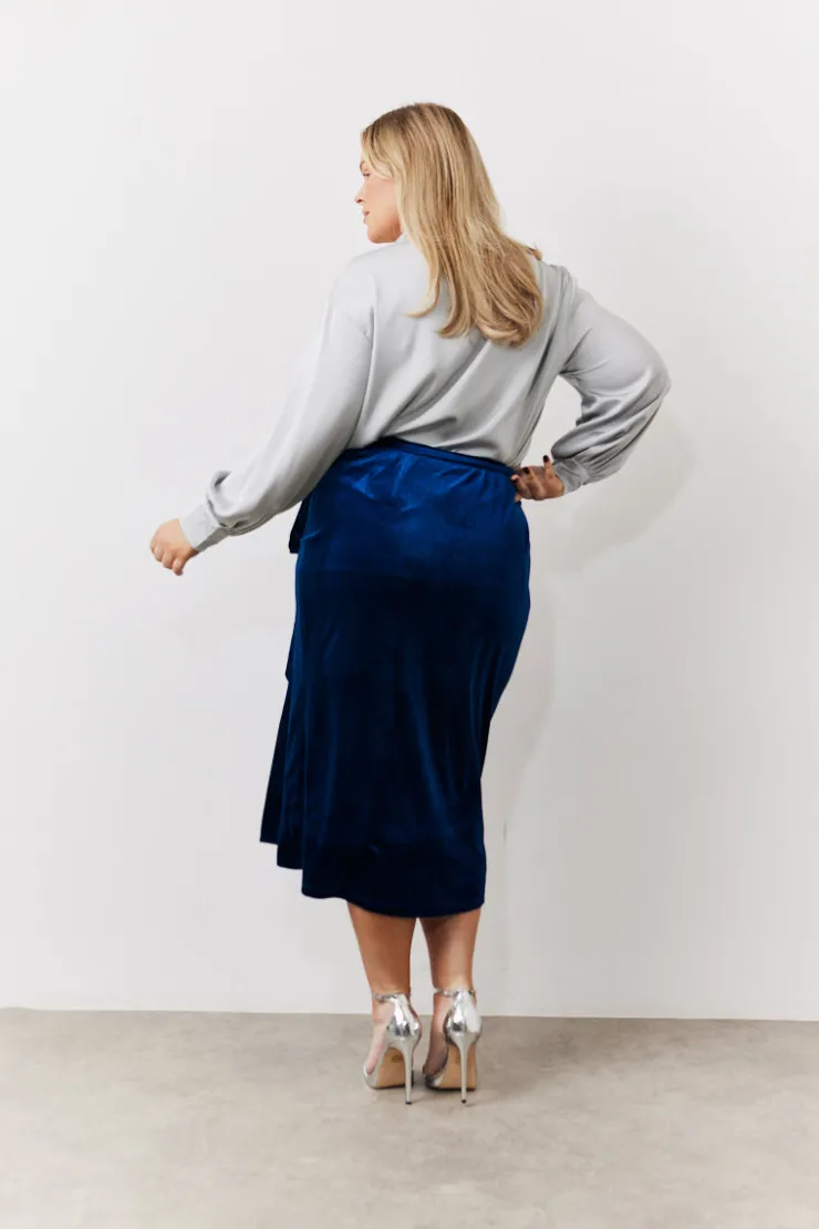 In the Style Velvet Wrap Midi Skirt Navy