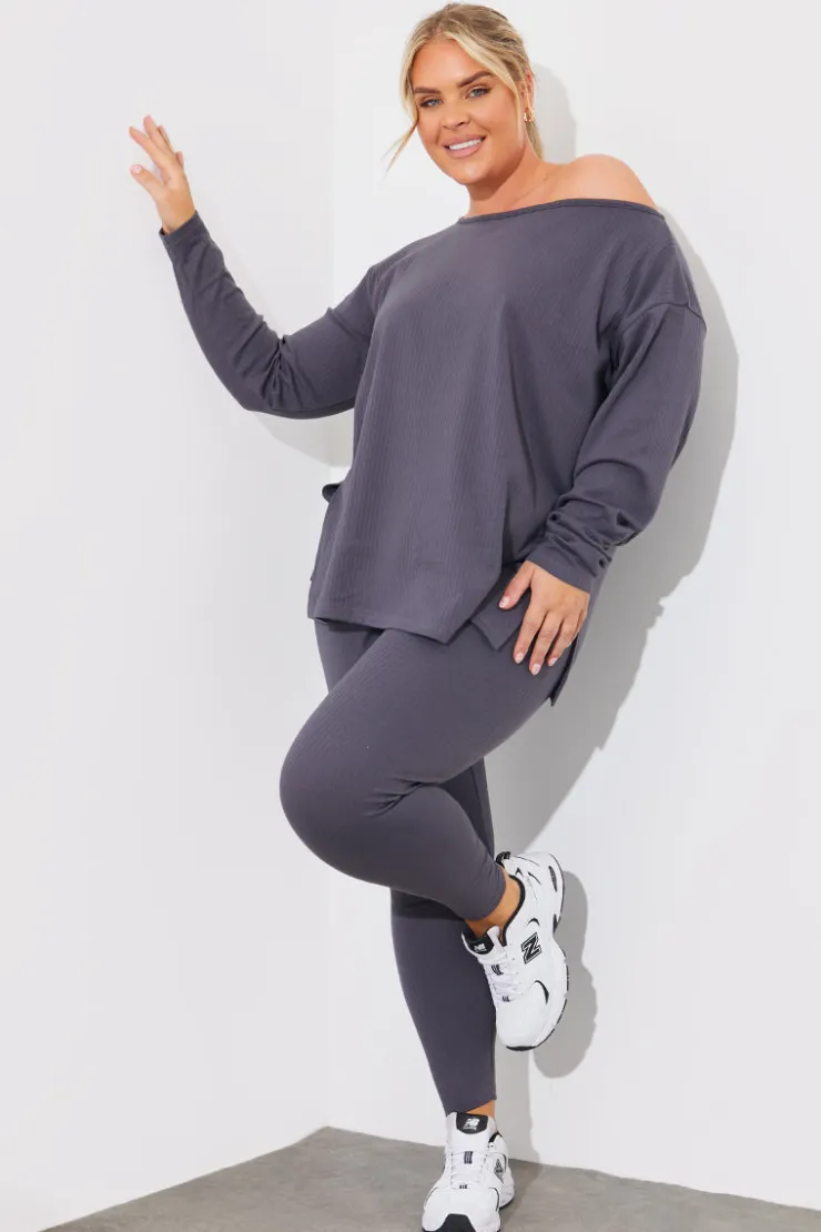 New In The Style Off The Shoulder Long Sleeve T Shirt And Legging Set