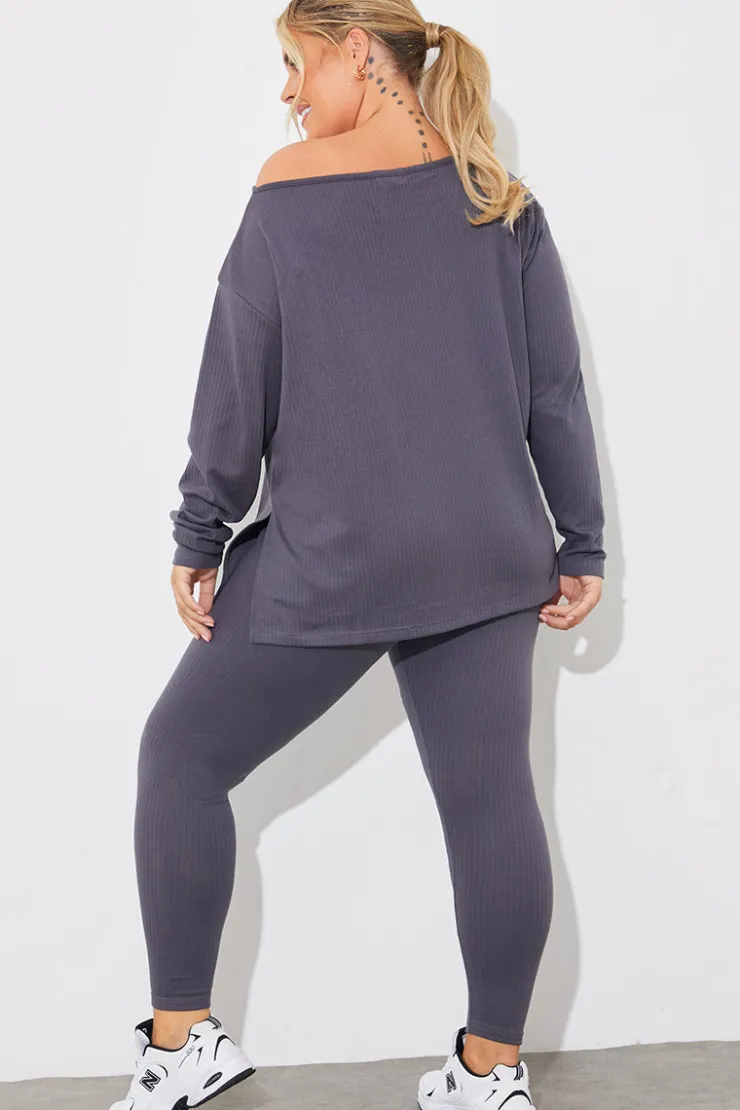 New In The Style Off The Shoulder Long Sleeve T Shirt And Legging Set