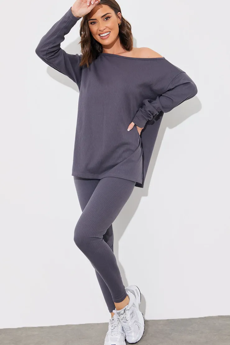 New In The Style Off The Shoulder Long Sleeve T Shirt And Legging Set