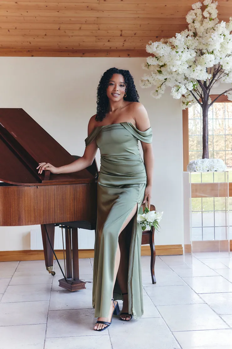 Outlet In The Style Satin Bardot Ruched Maxi Dress Olive