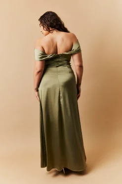 Outlet In The Style Satin Bardot Ruched Maxi Dress Olive