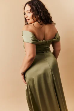 Outlet In The Style Satin Bardot Ruched Maxi Dress Olive