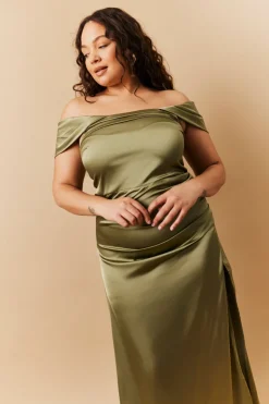 Outlet In The Style Satin Bardot Ruched Maxi Dress Olive