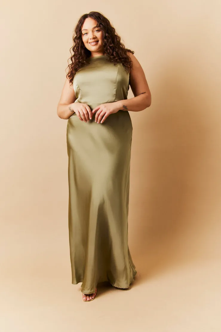 New In The Style Satin Cowl Back Maxi Dress Olive