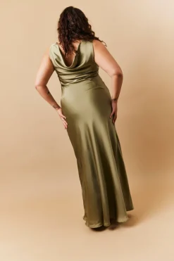 New In The Style Satin Cowl Back Maxi Dress Olive