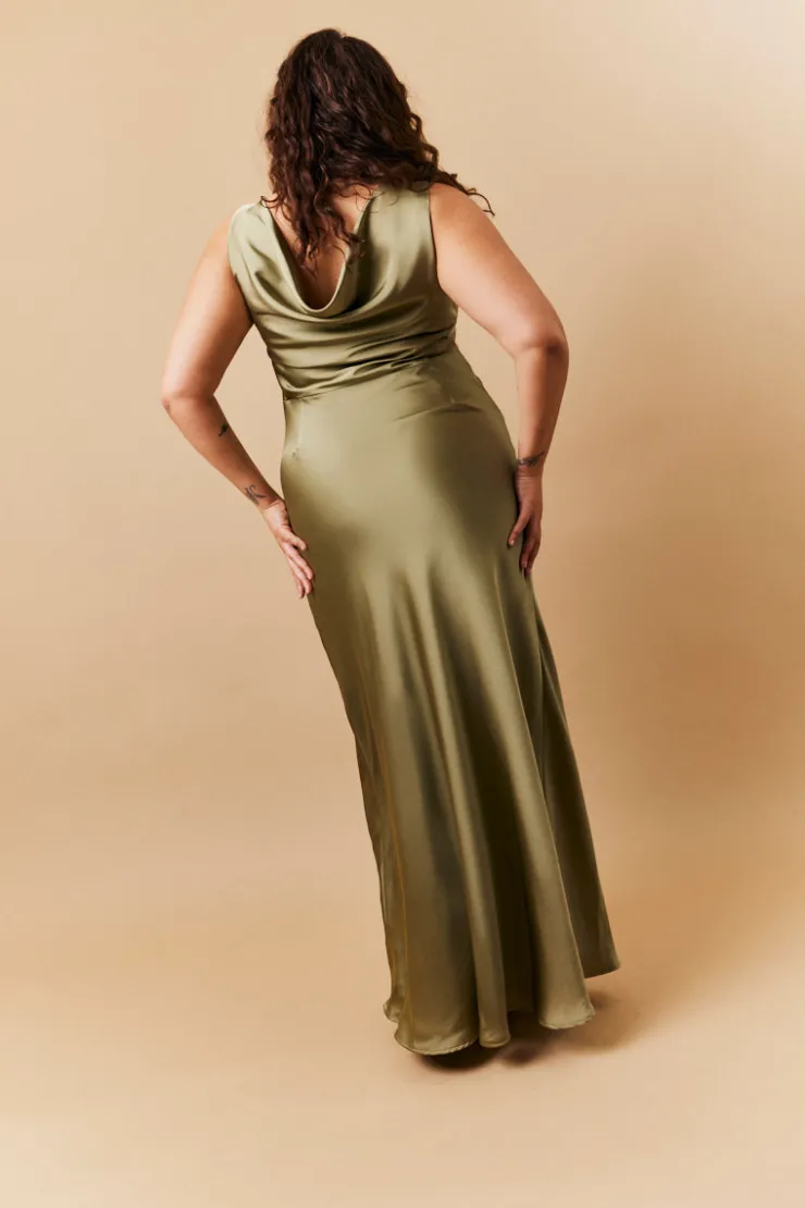 New In The Style Satin Cowl Back Maxi Dress Olive