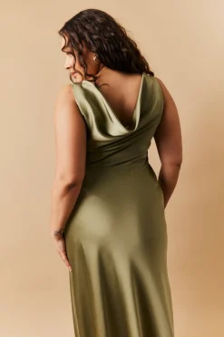 New In The Style Satin Cowl Back Maxi Dress Olive