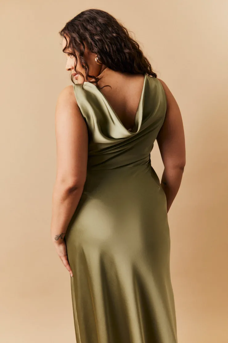 New In The Style Satin Cowl Back Maxi Dress Olive