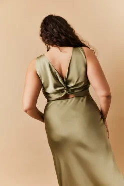 New In The Style Satin Twist Back Maxi Dress Olive