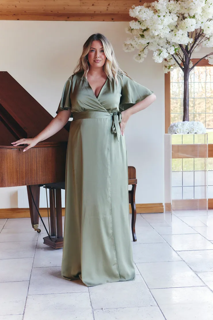 Discount In The Style Satin Wrap Tie Angel Sleeve Maxi Dress Olive