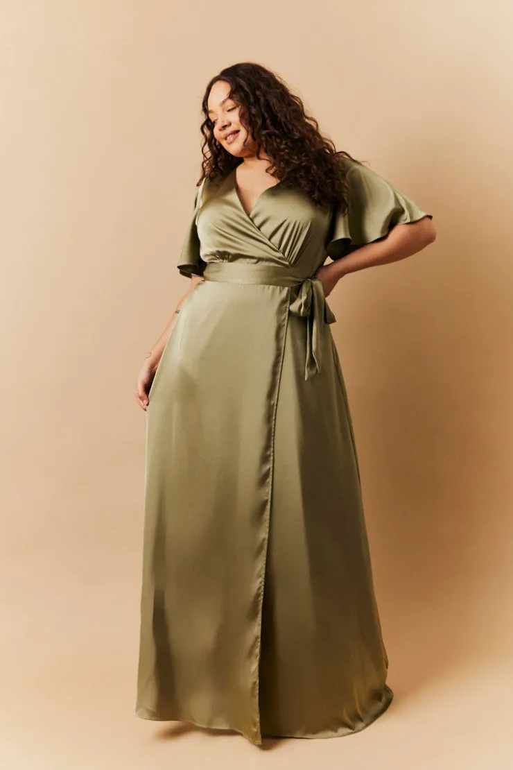 Discount In The Style Satin Wrap Tie Angel Sleeve Maxi Dress Olive
