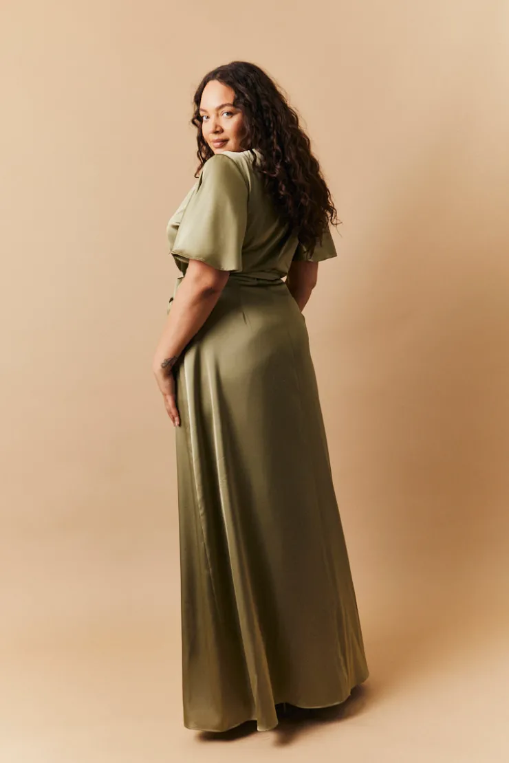 Discount In The Style Satin Wrap Tie Angel Sleeve Maxi Dress Olive