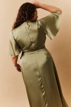 Discount In The Style Satin Wrap Tie Angel Sleeve Maxi Dress Olive