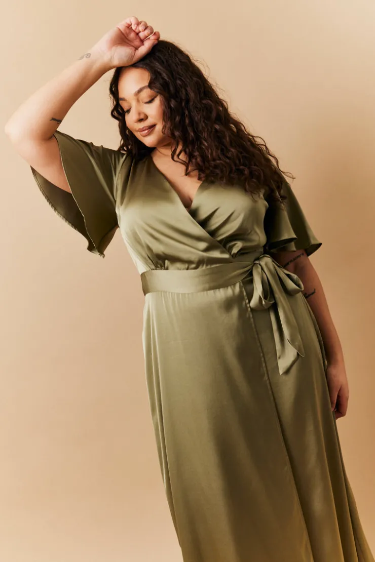 Discount In The Style Satin Wrap Tie Angel Sleeve Maxi Dress Olive