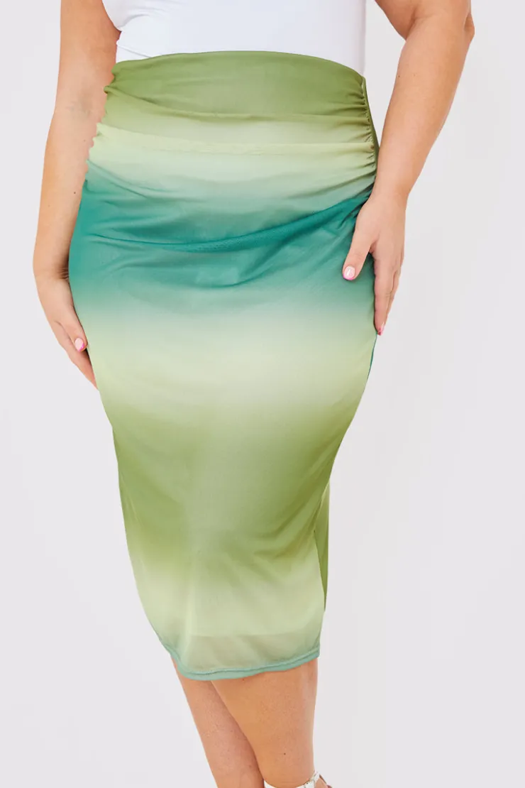 Discount In the Style Ombre Mesh Midi Skirt Green