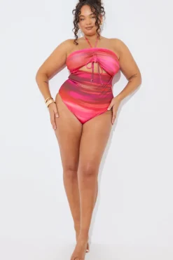 Outlet In the Style Ombre Print Cut Out Tie Detail Halterneck Swimsuit Multicoloured