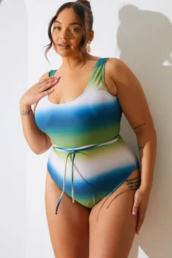 Clearance In the Style Ombre Scoop Neck Belt Detail Swimsuit Multi