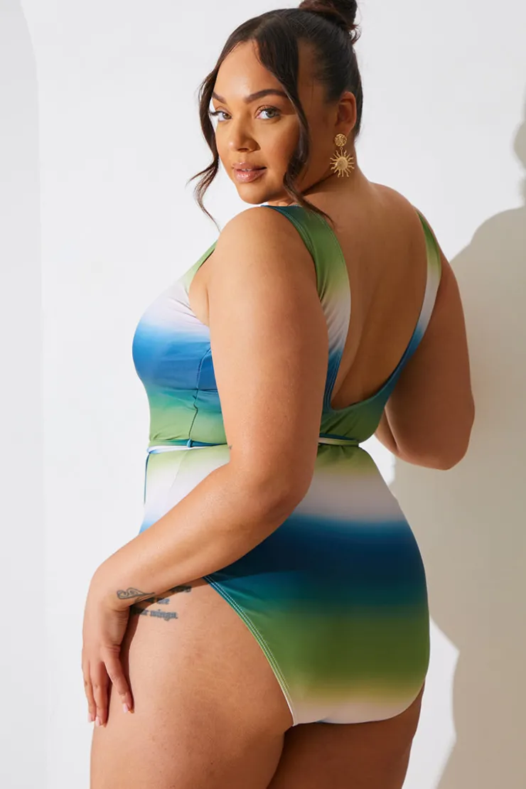 Clearance In the Style Ombre Scoop Neck Belt Detail Swimsuit Multi