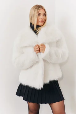 Online In the Style Oversized Collared Faux Fur Coat Cream