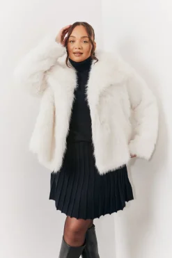 Online In the Style Oversized Collared Faux Fur Coat Cream