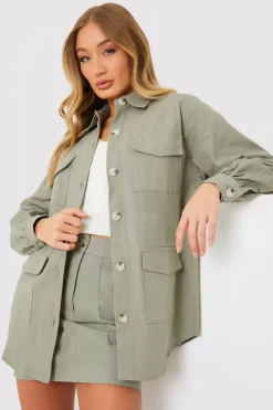 Best In the Style Oversized Utility Cargo Jacket Khaki