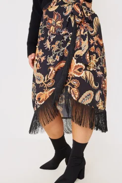 Sale In the Style Paisley Print Wrap Midi Skirt Black