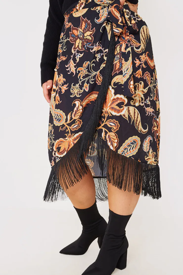 Sale In the Style Paisley Print Wrap Midi Skirt Black