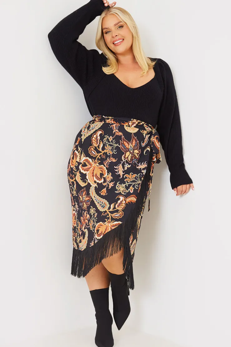 Sale In the Style Paisley Print Wrap Midi Skirt Black
