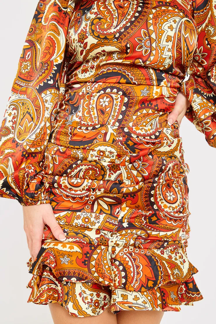 Online In The Style Paisley Ruffle Skirt Rust