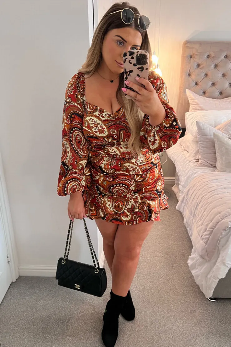 Online In The Style Paisley Ruffle Skirt Rust
