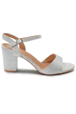 Clearance Where's That From PAITYN BUCKLE UP LOW BLOCK HEEL SANDAL IN MOON SILVER GLITTER
